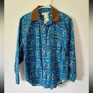 VTG Segrets Sun Prints Sz S Y2K 90s Blue Southwest Aztec Long Sleeve Button Up
